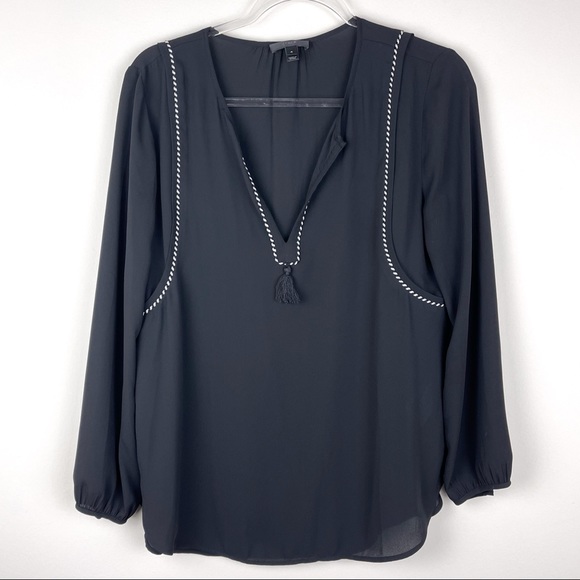 SALE‼️ J. CREW 4 Tassel Tie Neck Top Blouse Black Silky Satin Small Shirt Work - Picture 2 of 4
